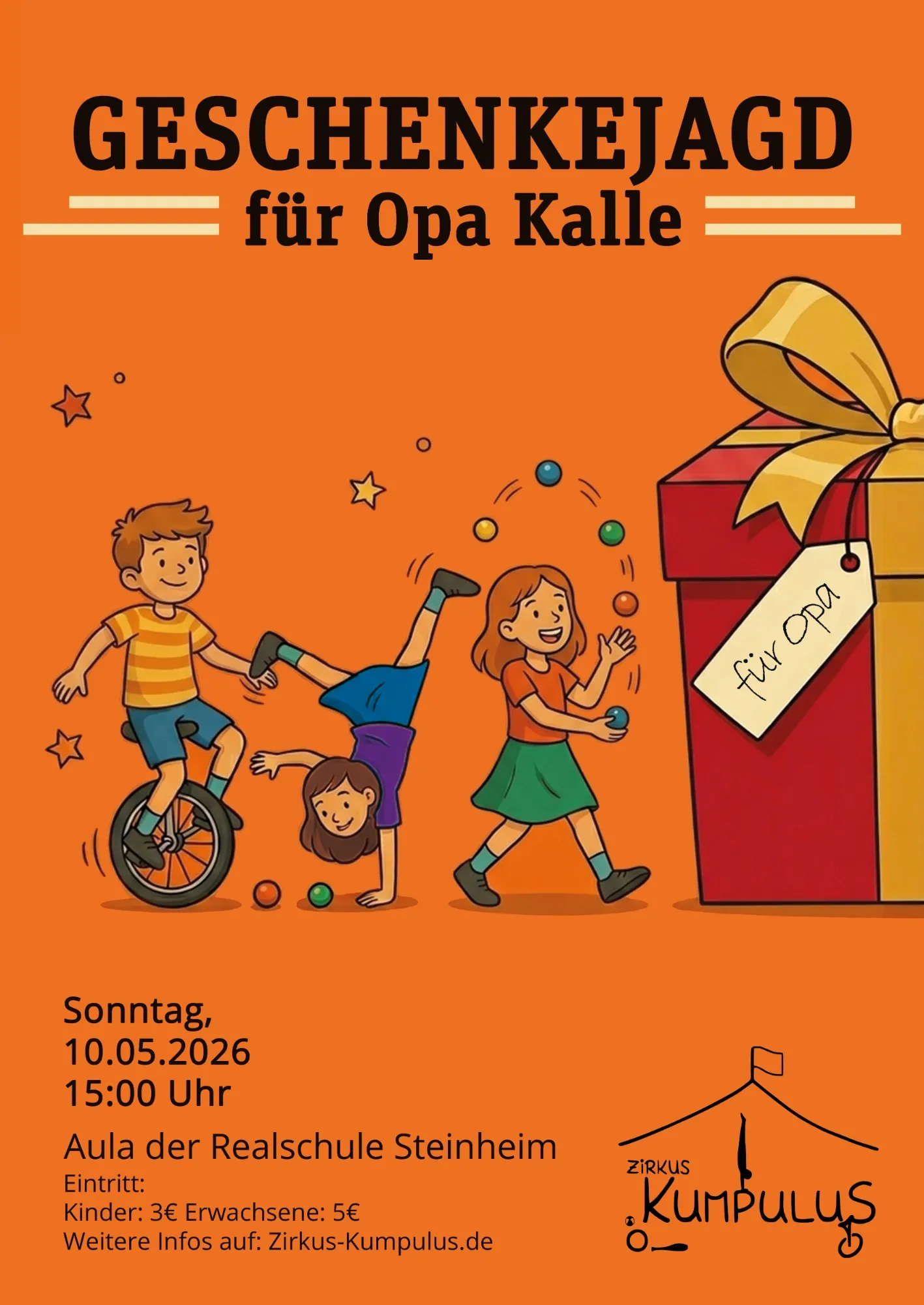 Plakat zum Programm „Geschenkejagd für Opa Kalle"